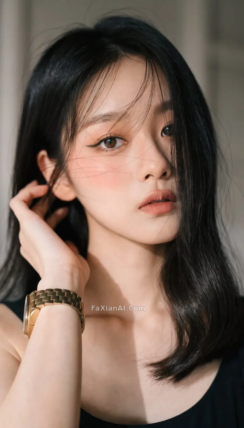도자기 피부 옆얼굴, 속눈썹 그림자 속 소프트 라이트 클로즈업