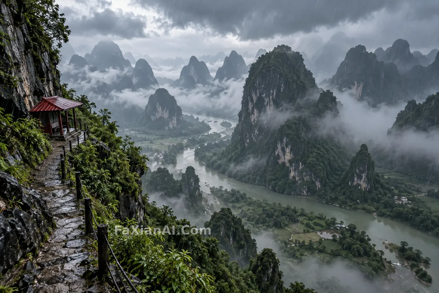 喀斯特雨季采样路线 · GPT Image 2.5 成图
