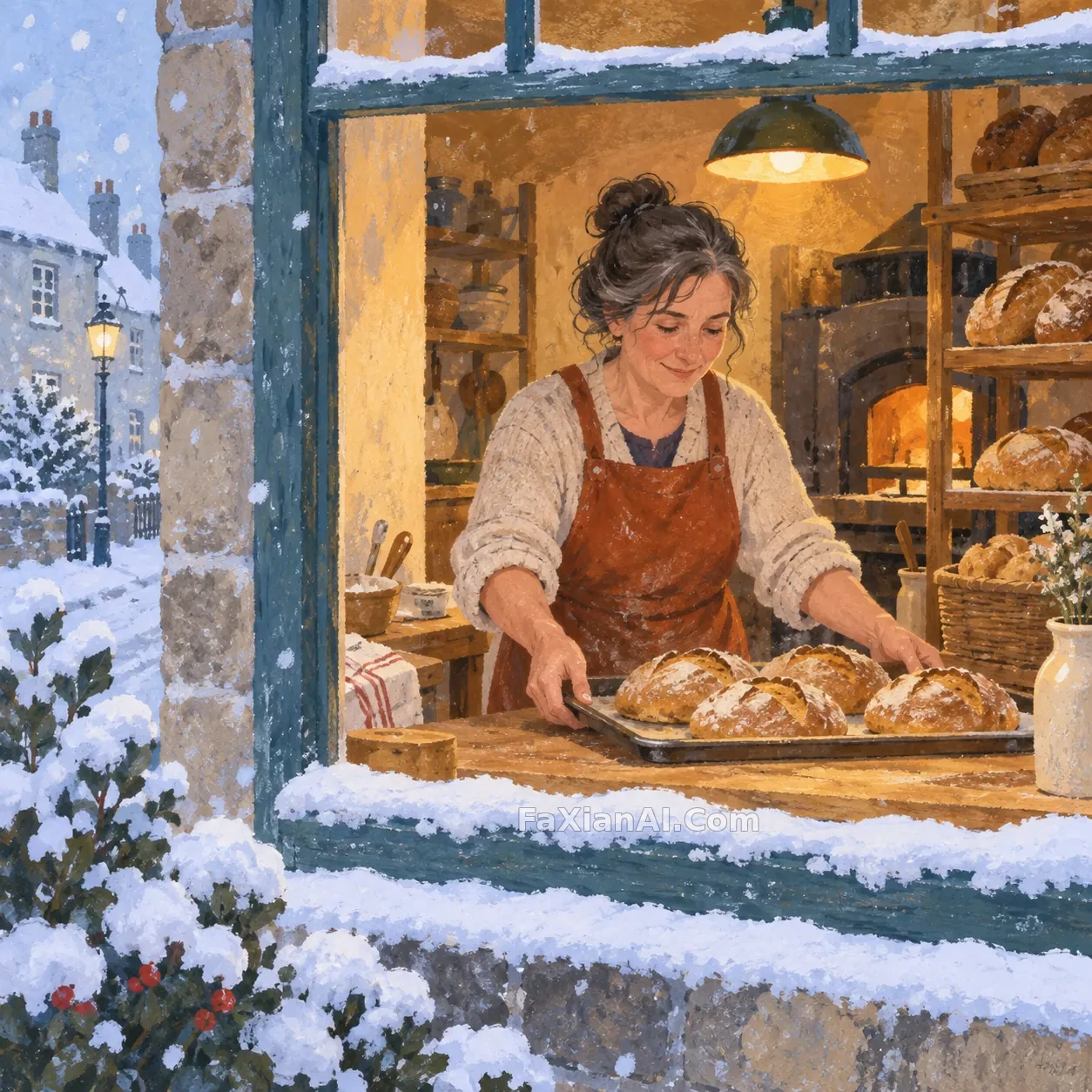 雪落窗台，面包店把暖光留在里面