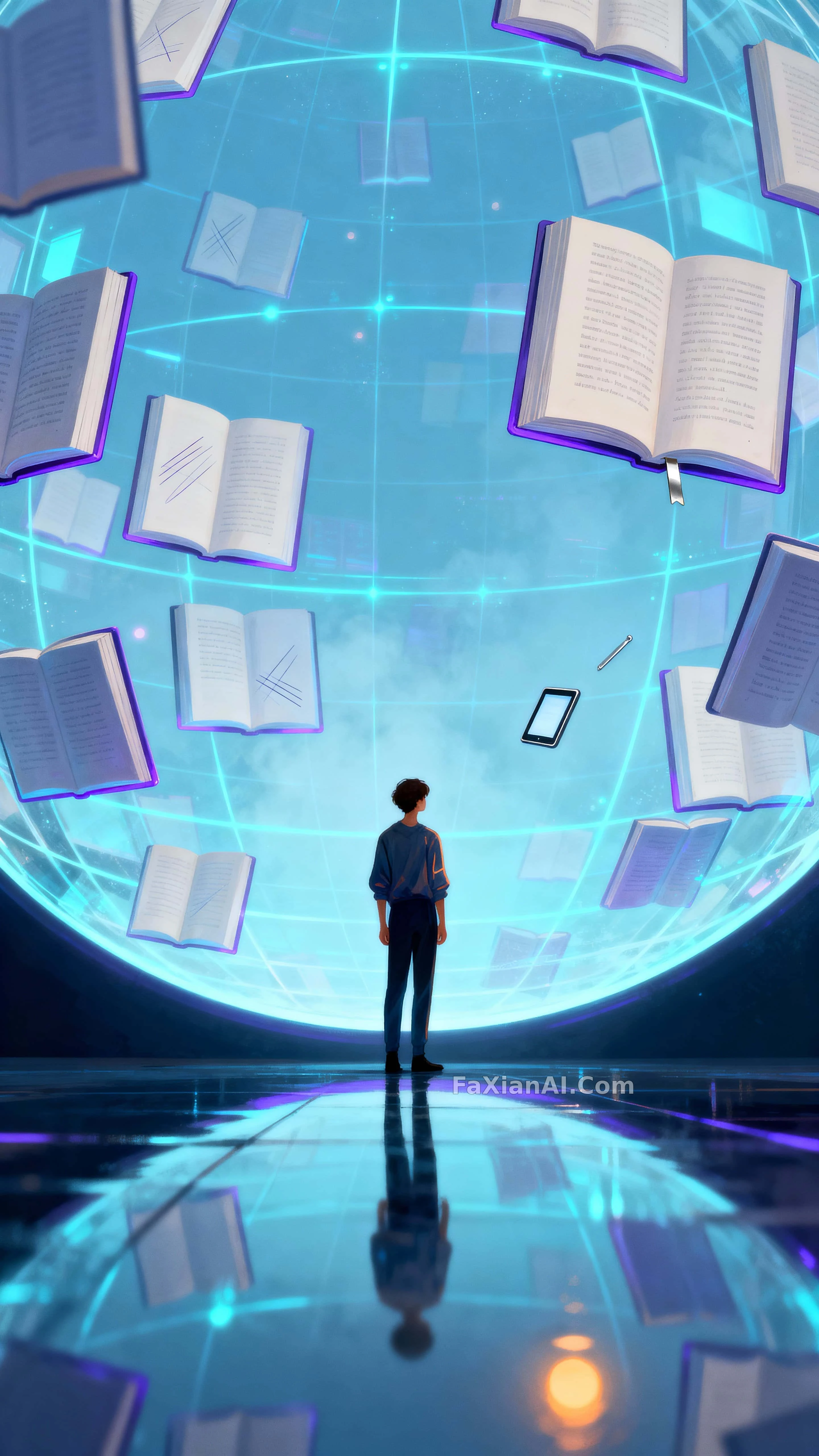 宙に浮かぶ書頁が編む光の球体の中心に立つ