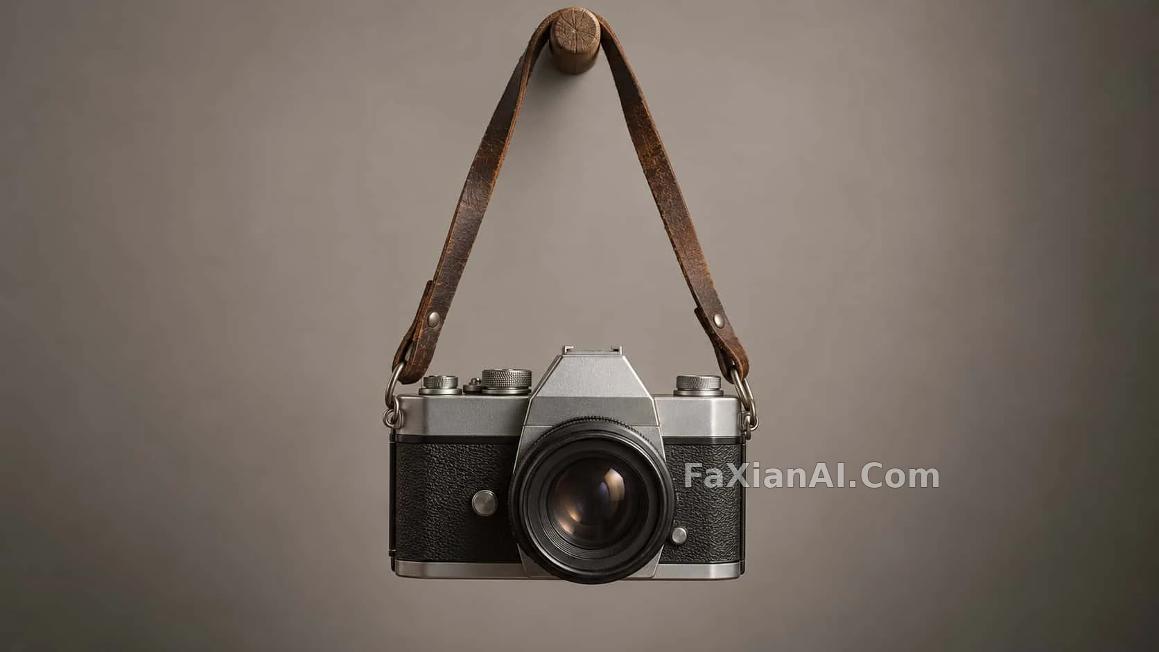 An Old Camera and Its Leather Strap on a Wooden Peg