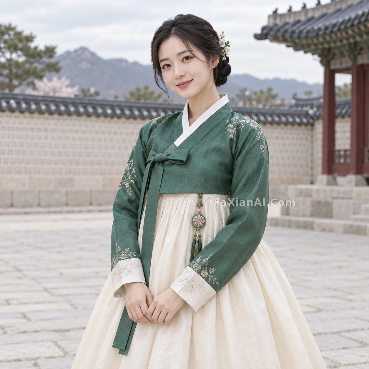 옥빛 한복과 수 노리개, 궁궐 담장 아래 환한 미소