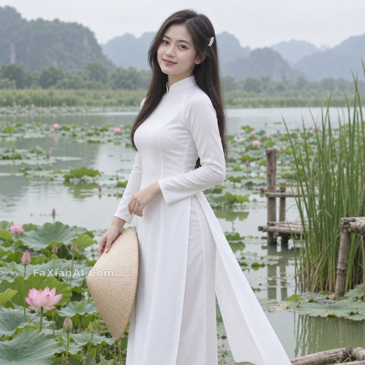 흰색 아오자이와 논라, 호수의 이른 아침