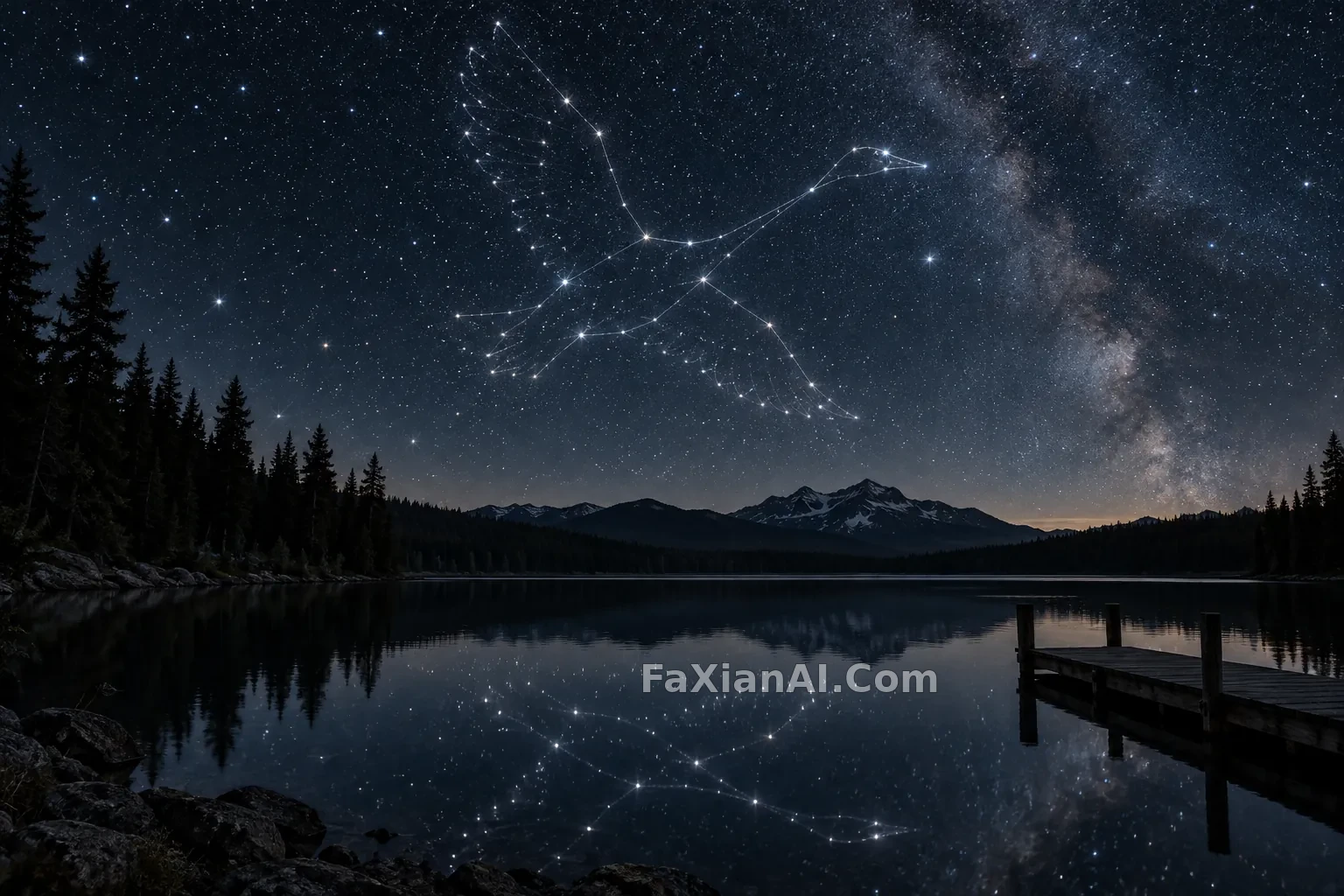 天鹅星线掠过黑湖，水面也留一份倒影 · GPT Image 2.5 成图