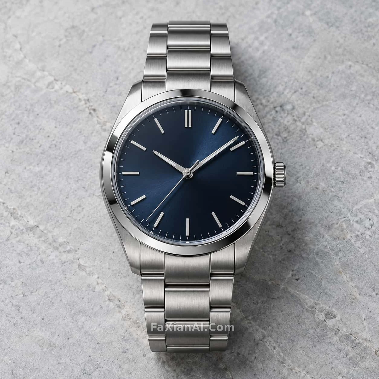 Blue-Dial Steel Watch Lying on Pale Gray Stone