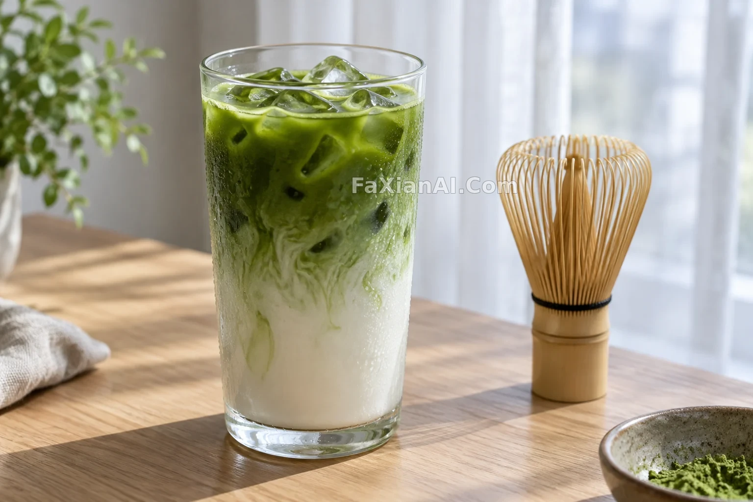 薄荷晨光里的冰抹茶拿铁
