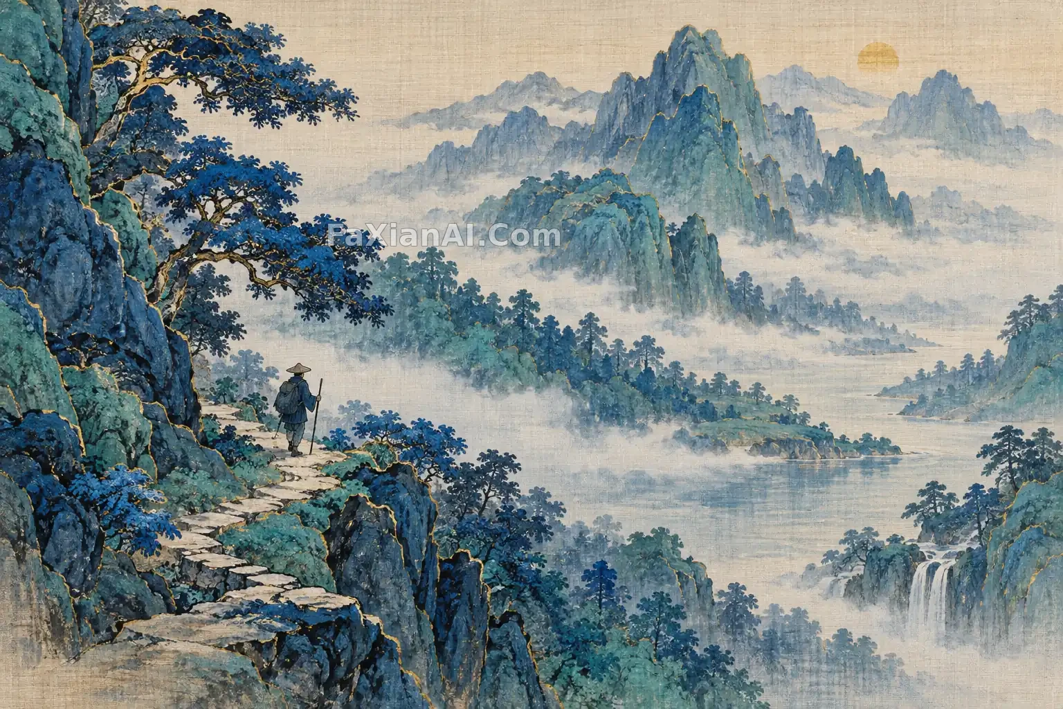绢本里的靛蓝山路 · GPT Image 2.5 成图