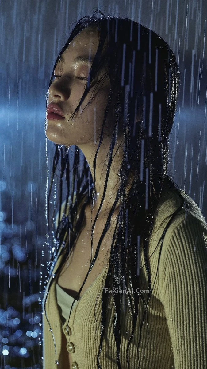 豪雨の夜、目を閉じた横顔と濡れた髪