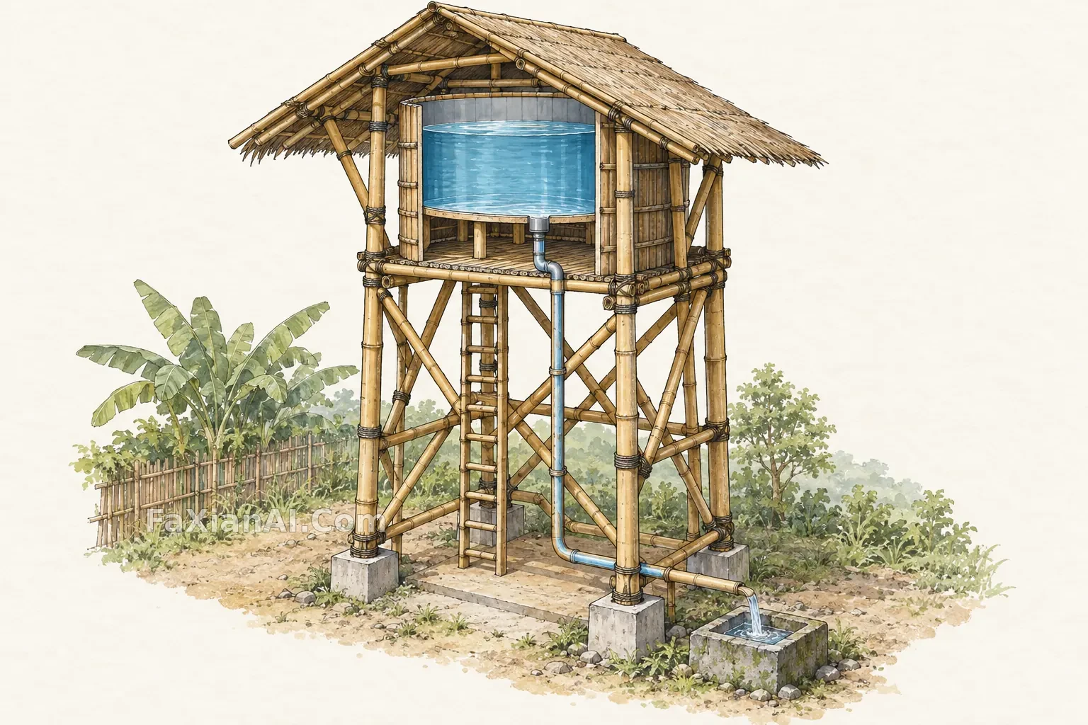 竹构水塔的开放式剖面 · GPT Image 2.5 成图