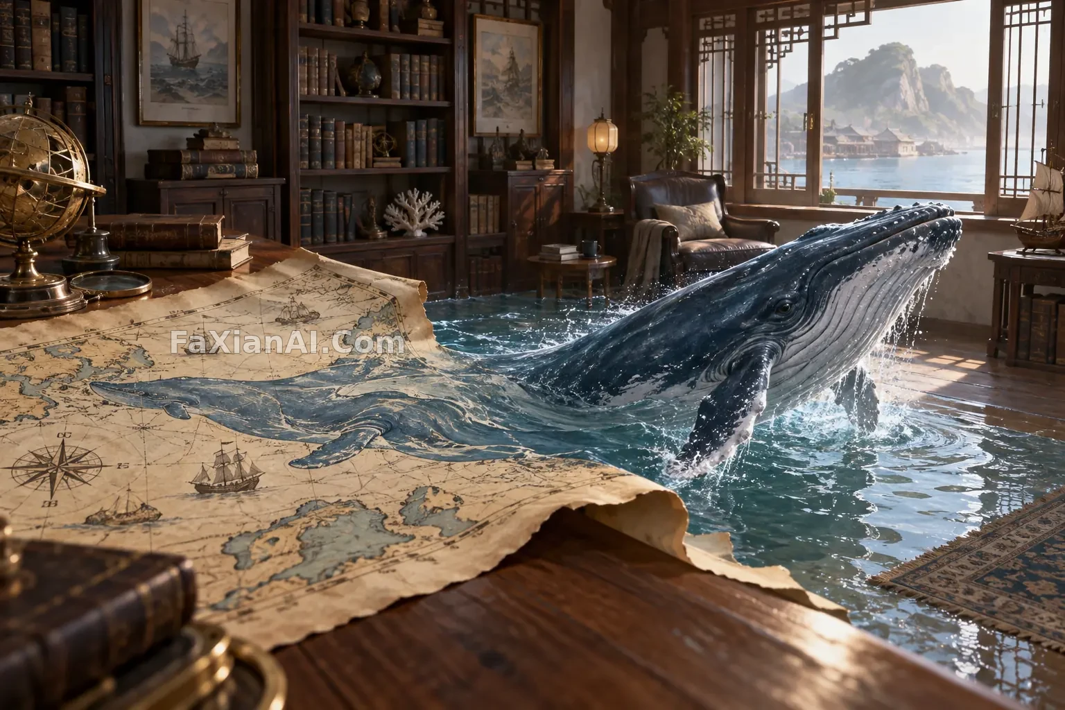 鲸从墙上的海图游进房间 · GPT Image 2.5 成图