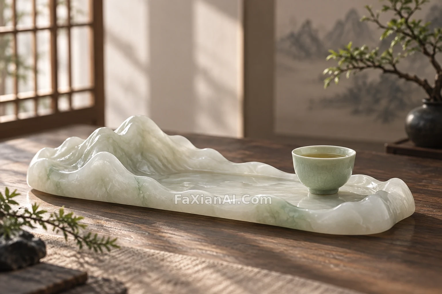 白玉质感的山形茶盘 · GPT Image 2.5 成图