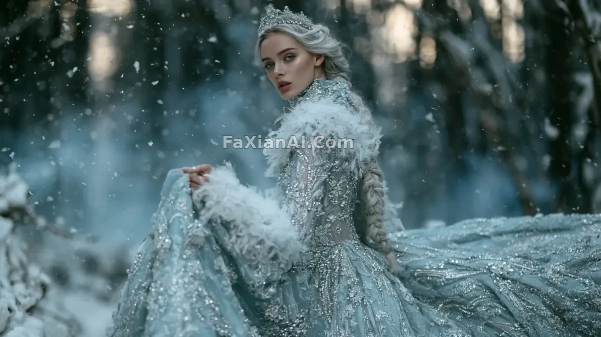 暮色雪林里的冰蓝礼服雪姑娘 · Midjourney 成图