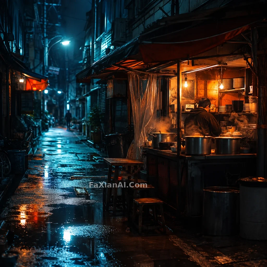 비 오는 밤 국수 노점을 영화급 블루-오렌지 톤으로