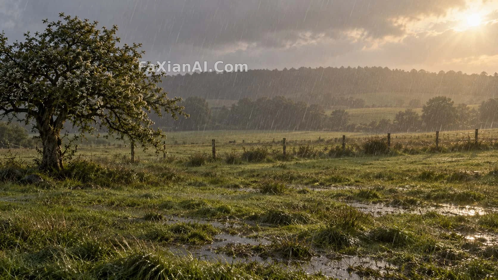 細い雨が草原を斜めに横切り、サンザシはまだ滴っている