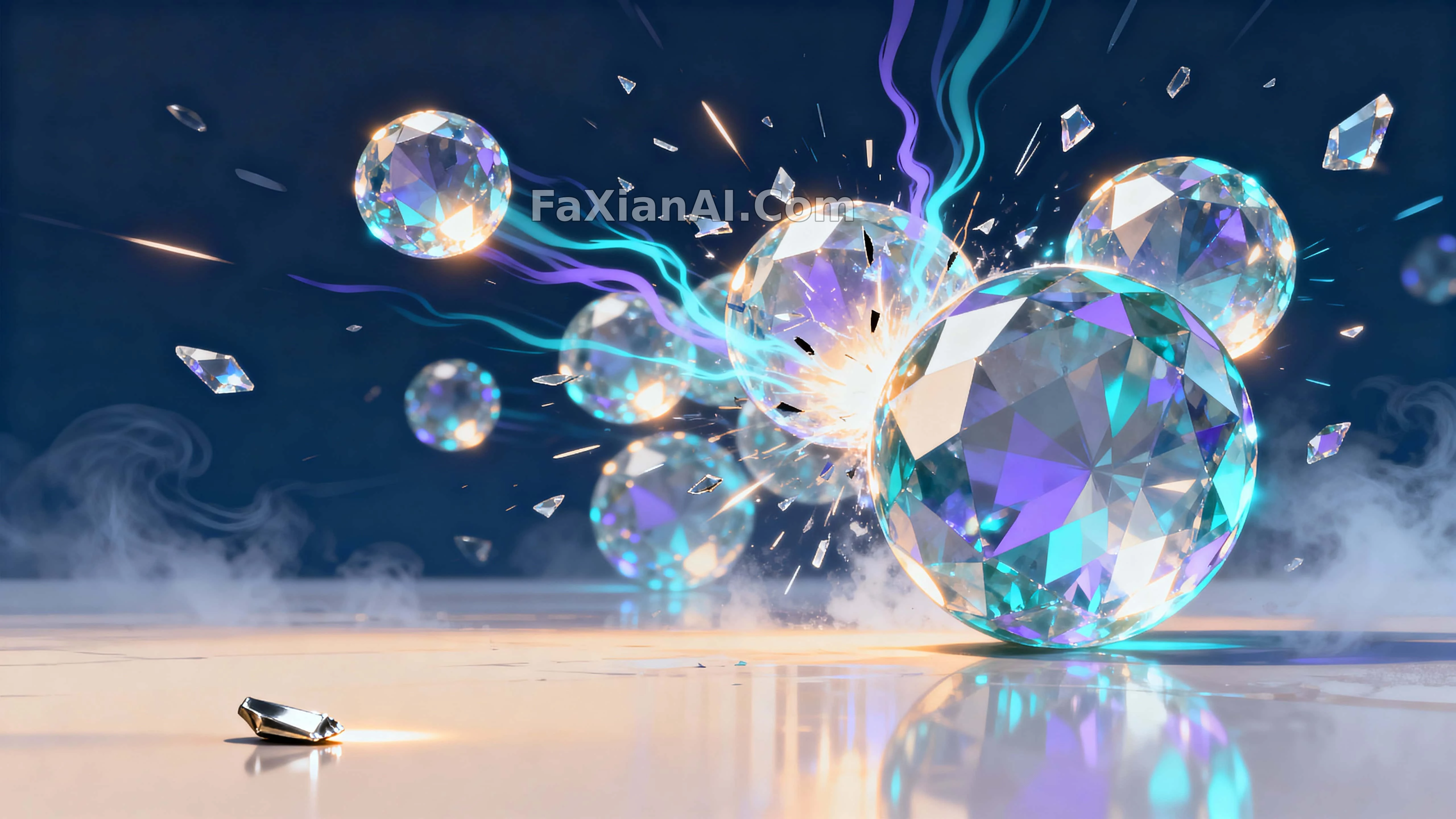 水晶の球が宙でぶつかり、光の破片が弧を描いて飛ぶ