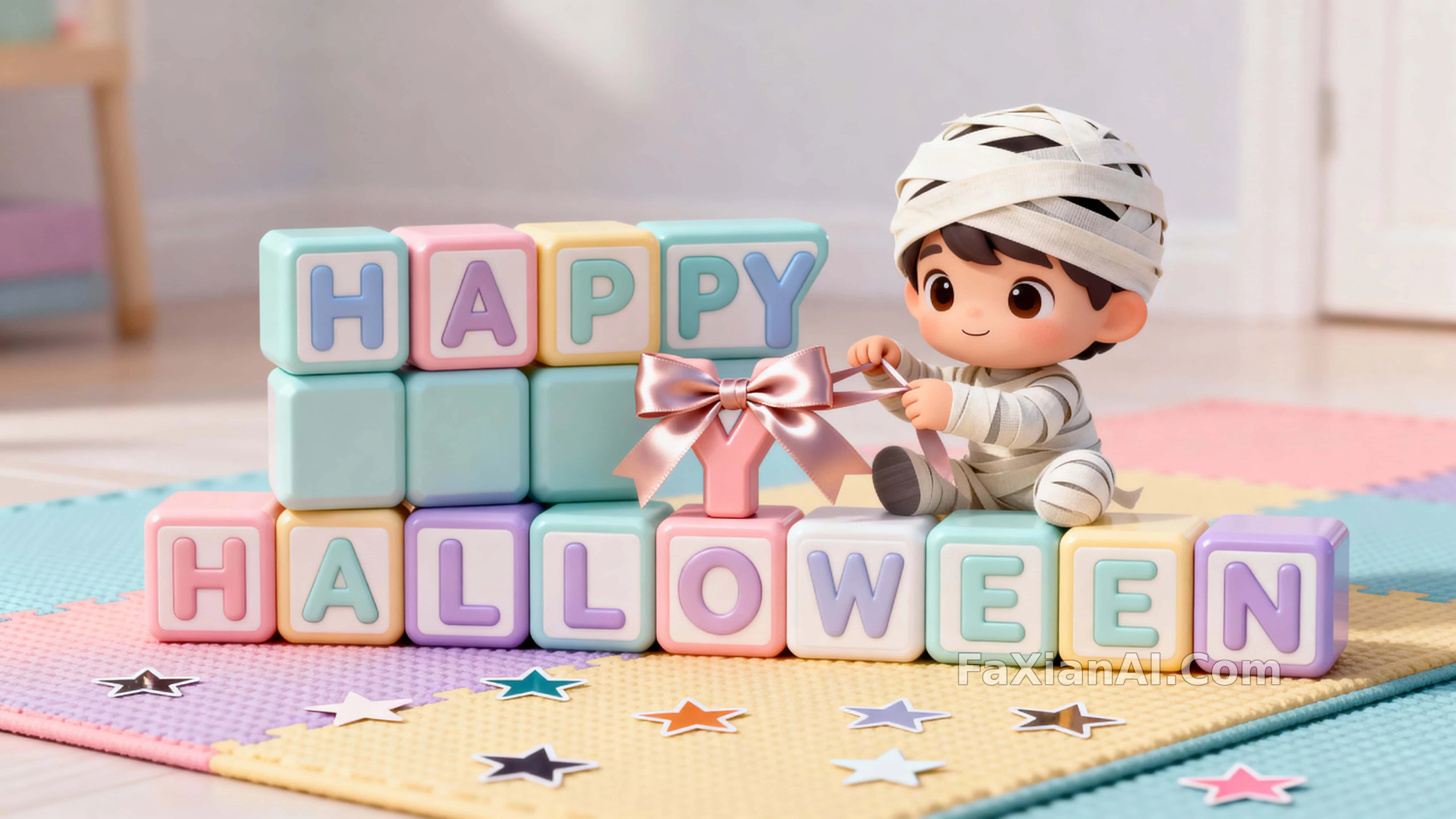Halloween Greeting Spelled in Pastel Toy Blocks