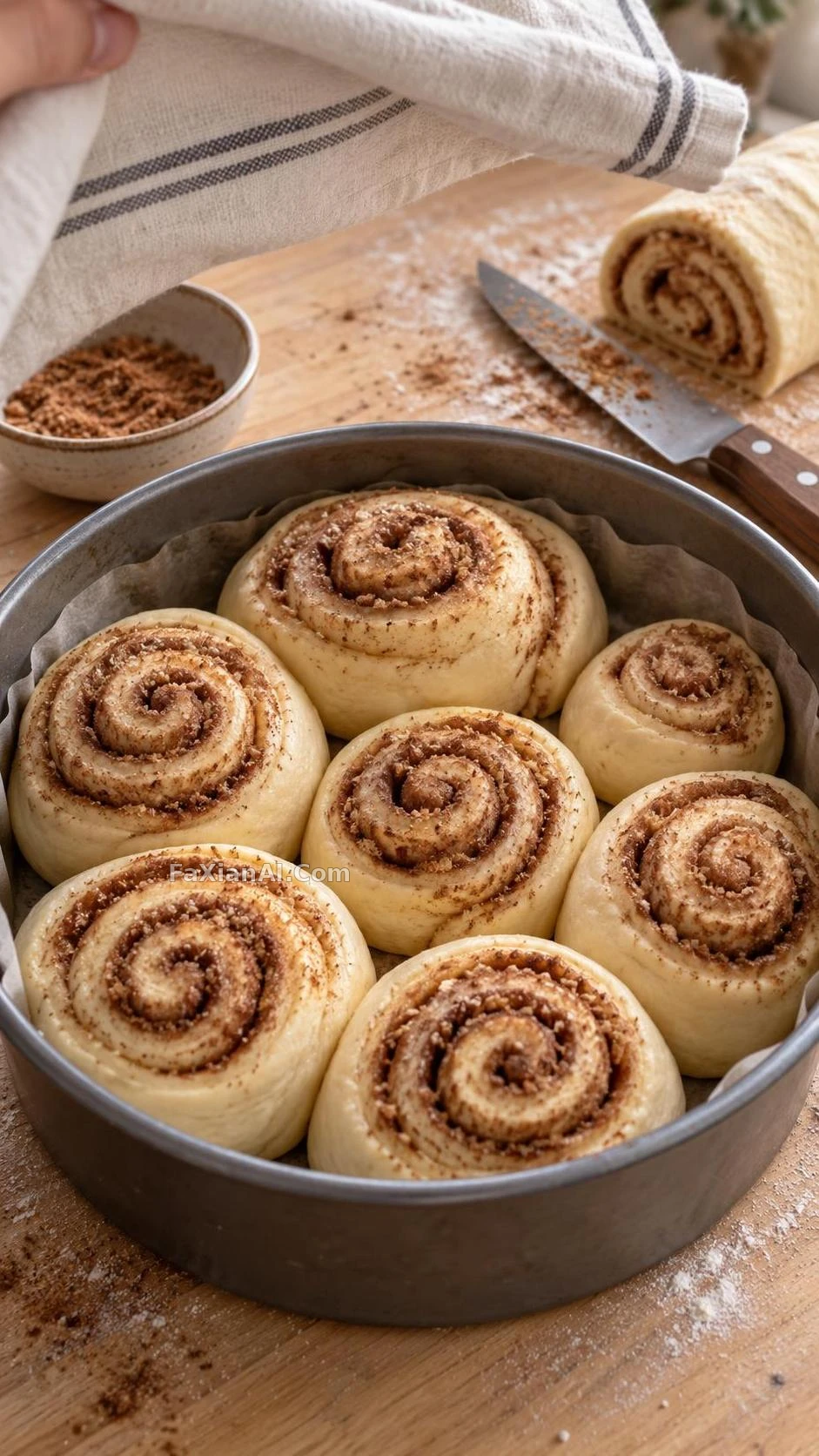 Seven Half-Risen Cinnamon Rolls in a Round Tin