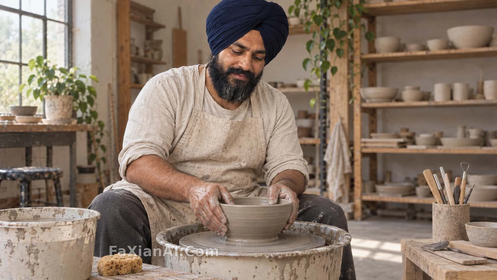 Two Thumbs Opening a Wet Clay Bowl on the Wheel
