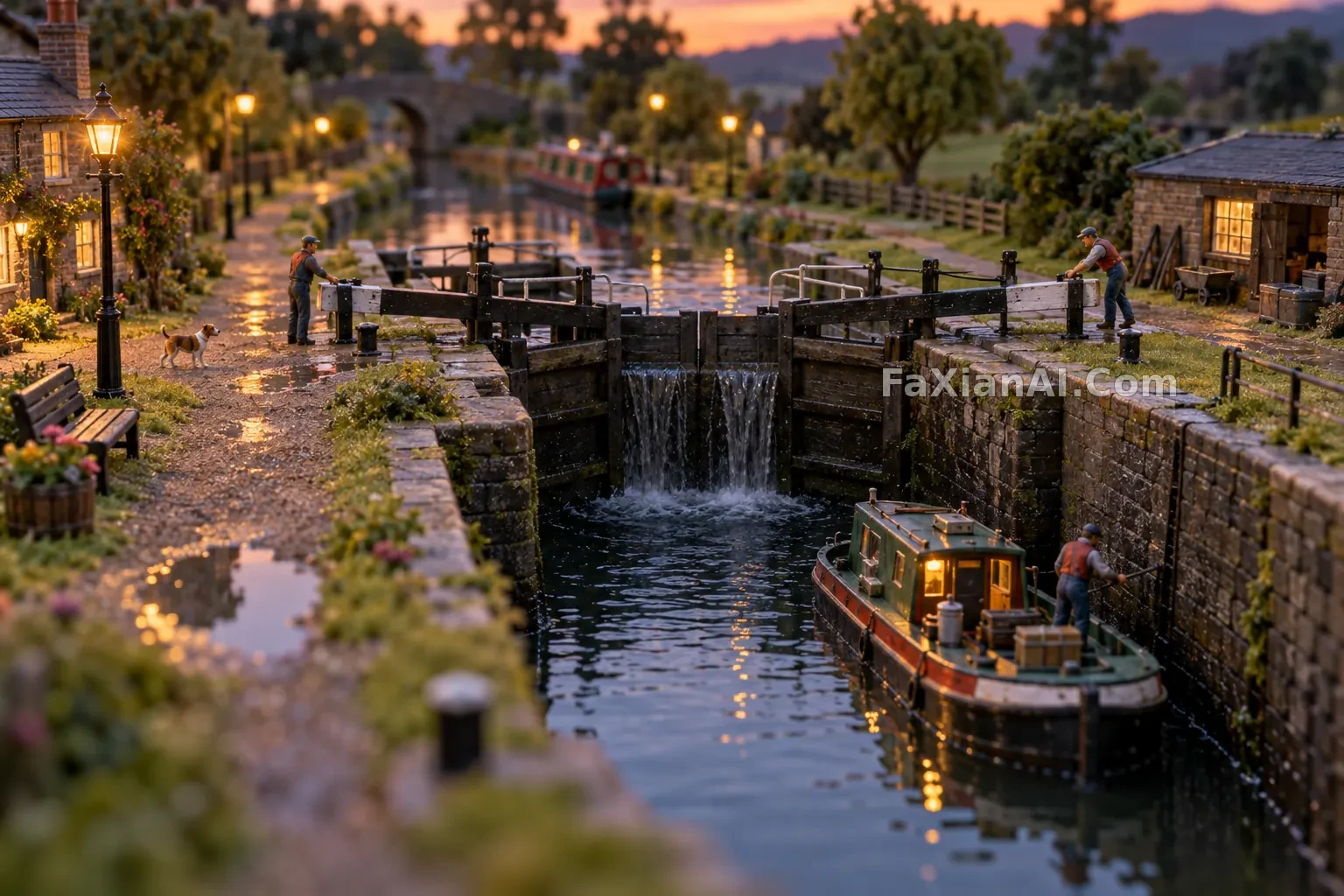 黄昏运河船闸微缩景