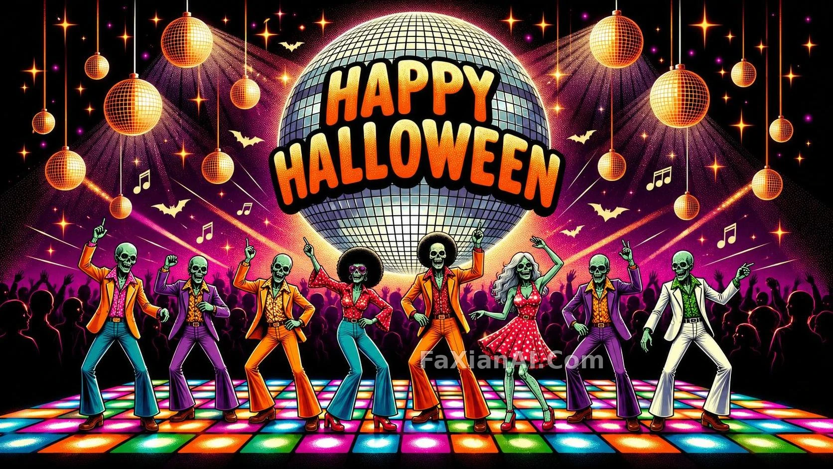 Eight Green Zombies Dancing Under a Disco Ball