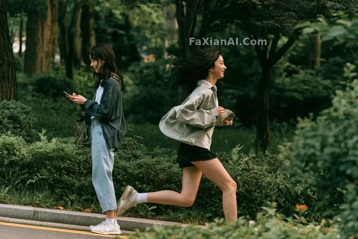 绿荫下赶来会合的韩国少年 · Midjourney 成图