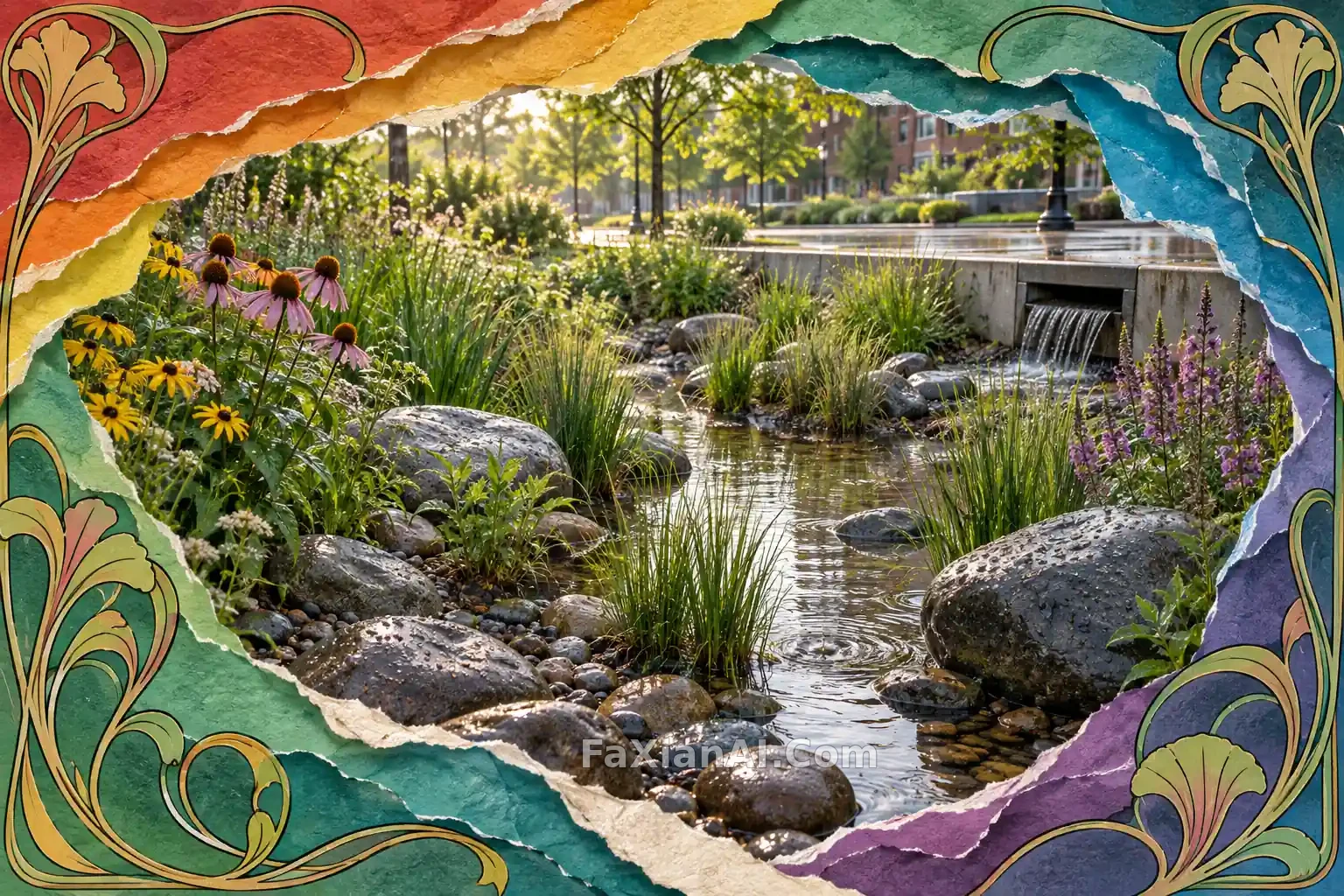 撕纸彩虹下的雨水花园 · GPT Image 2.5 成图