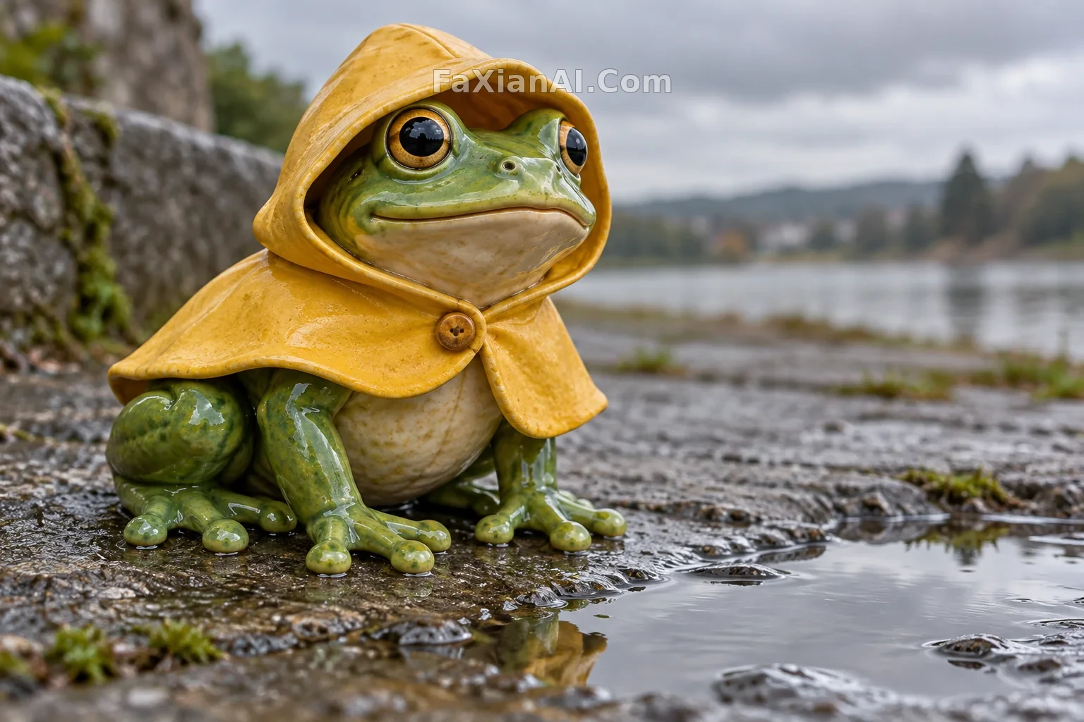 披雨披的陶瓷青蛙 · GPT Image 2.5 成图