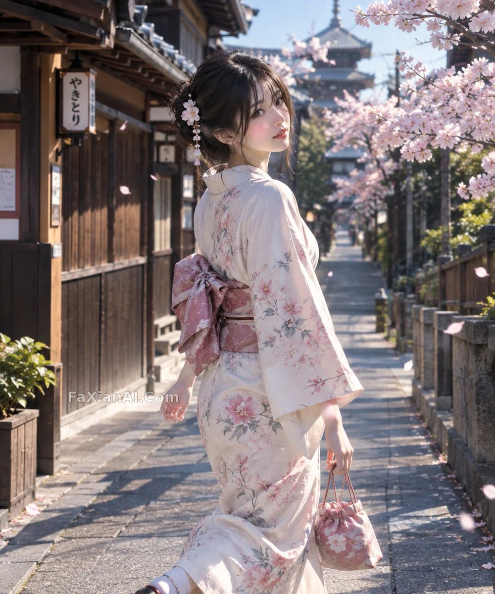 京都木街回眸的樱粉和服