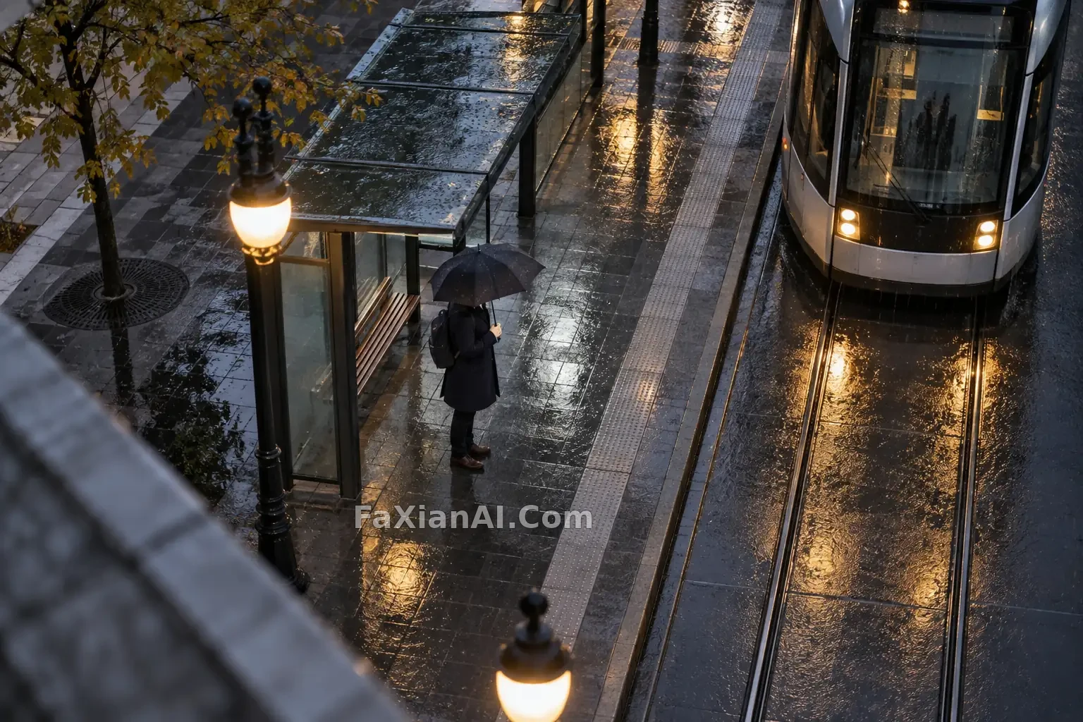 雨中电车站的成年通勤者