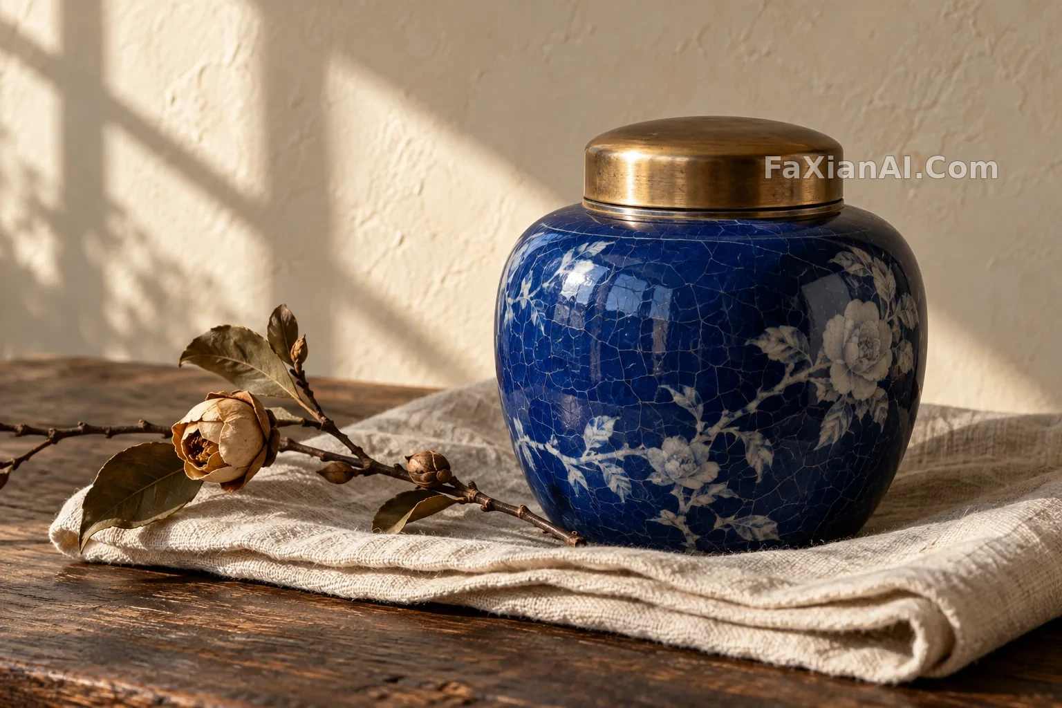 斜光がコバルト色の茶缶の貫入を照らす