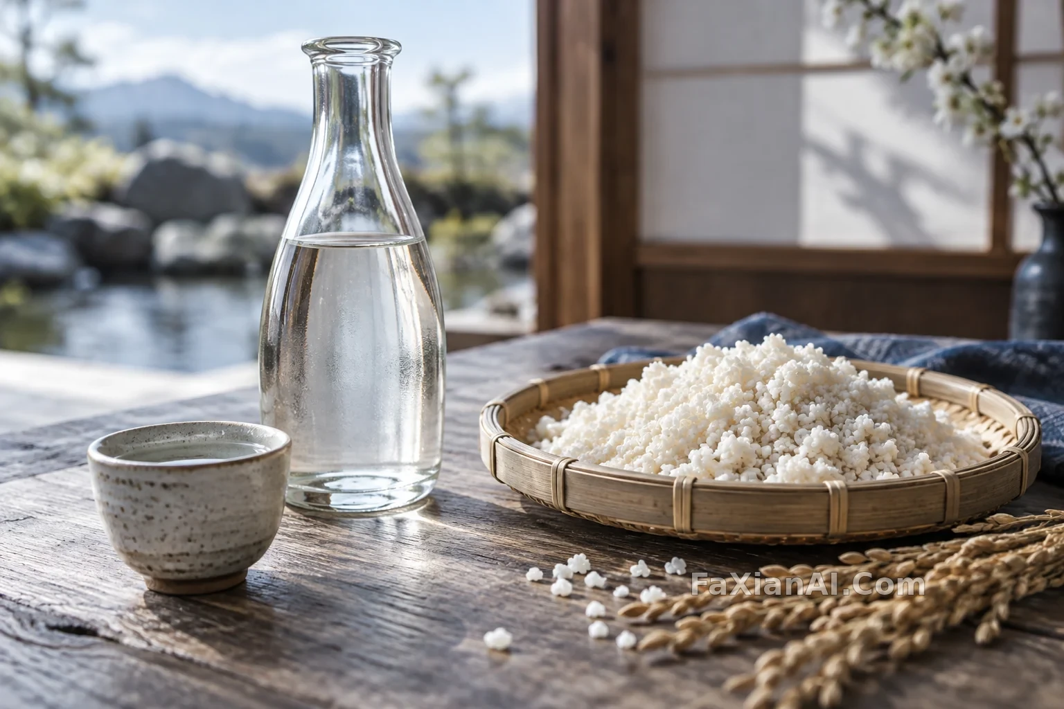 米麴、陶杯与清酒的静物 · GPT Image 2.5 成图