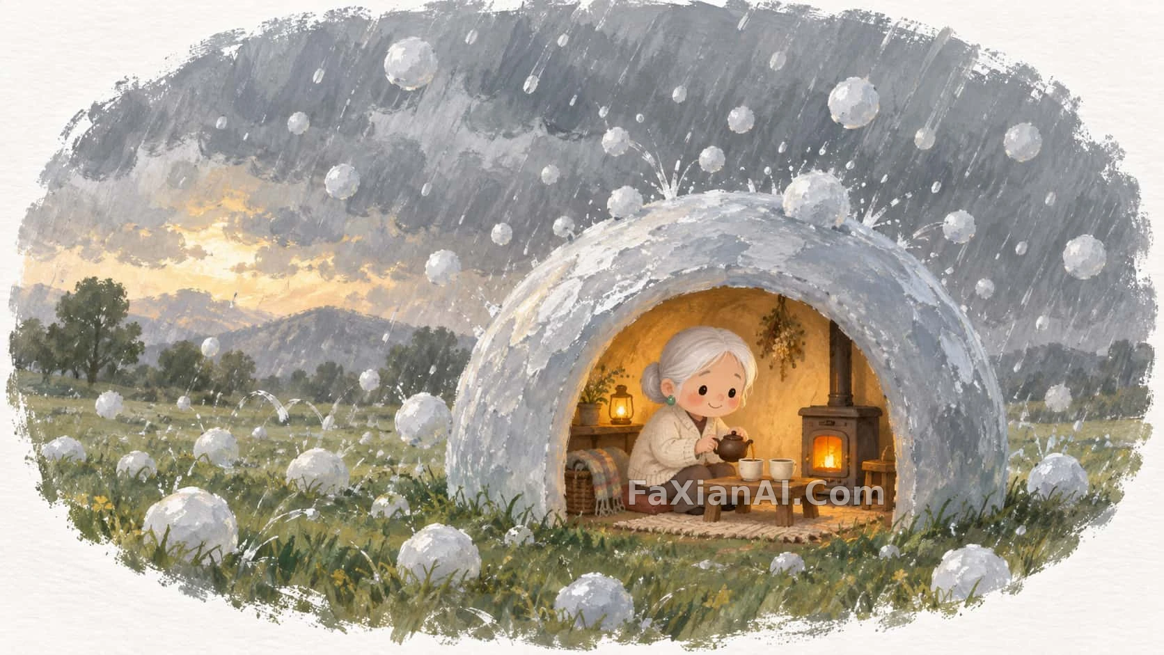 雹の殻の小屋でお茶を注ぐおばあちゃん