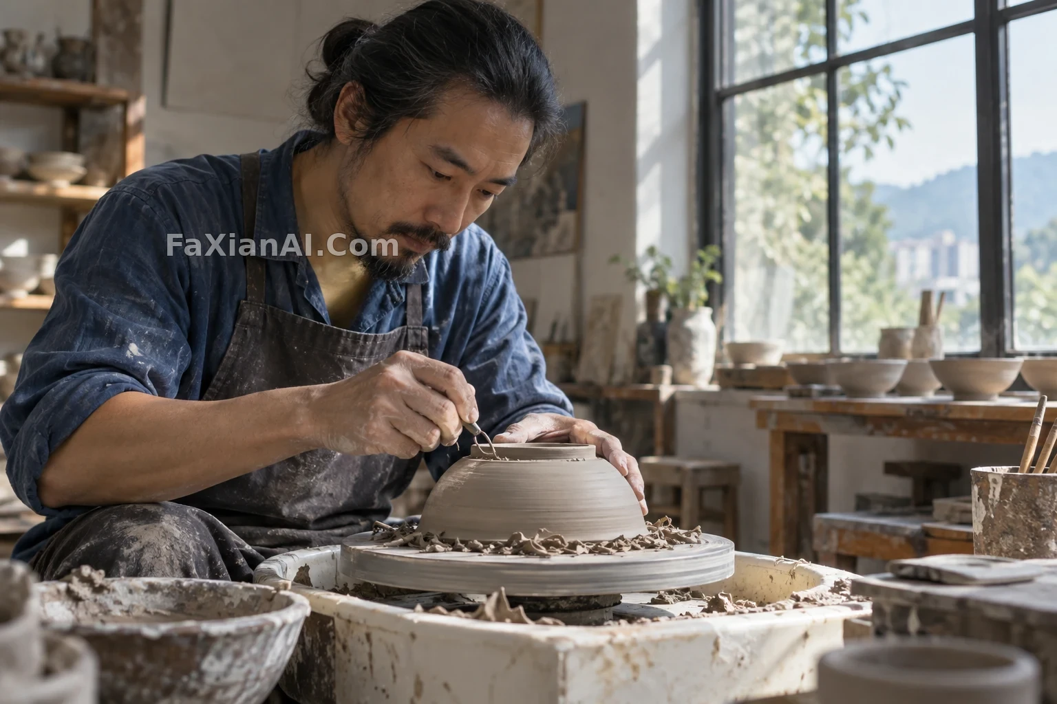 陶艺师窗边的自然光肖像