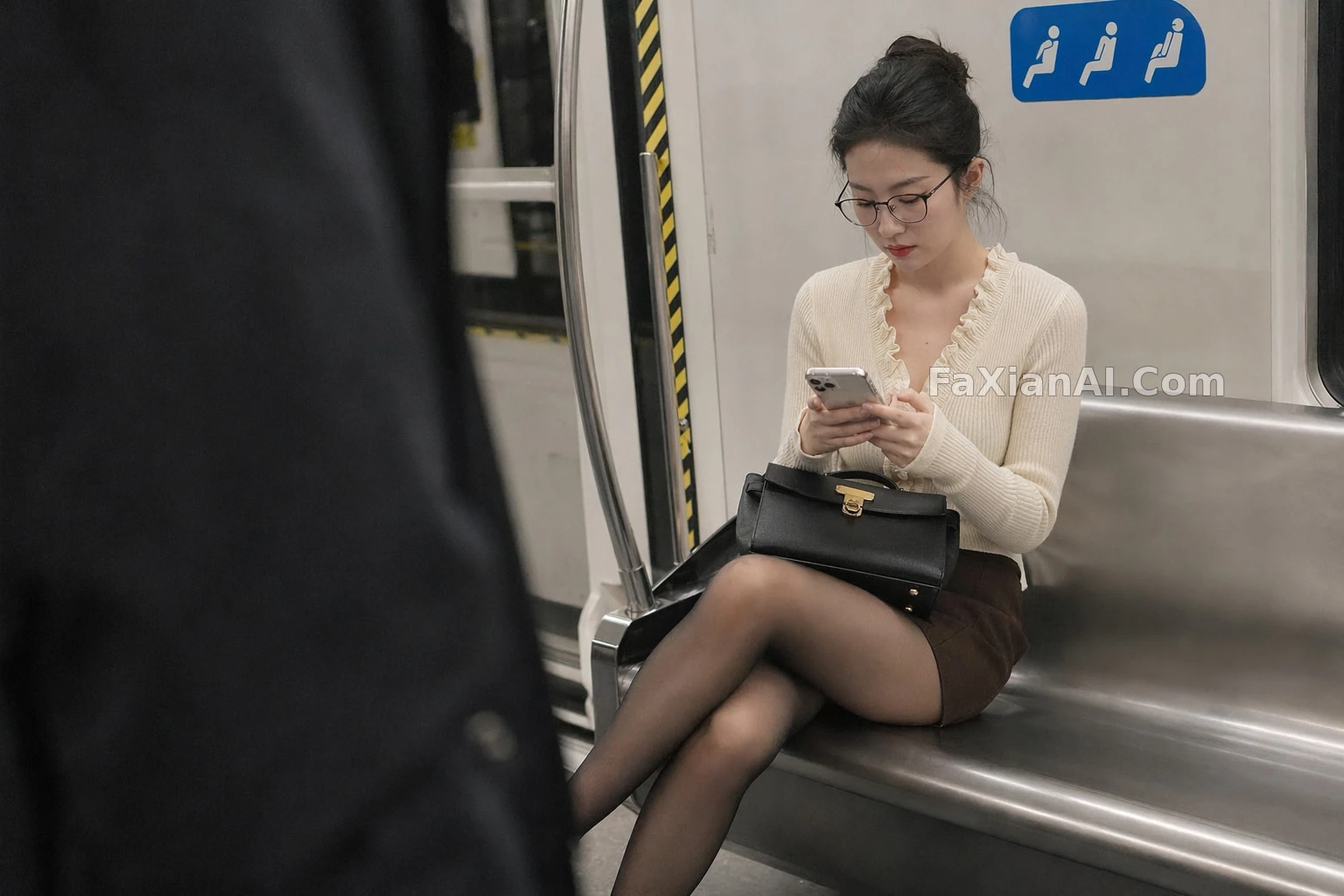 지하철 좌석, 폰만 들여다보는 그녀