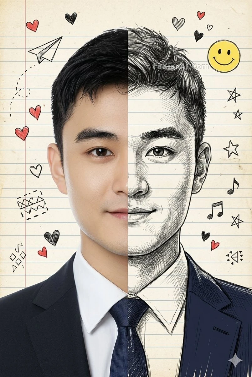 분할 화면 반반, 사진과 손그림 속 같은 사람