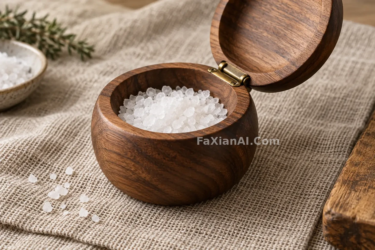 编织布上的胡桃木盐盒 · GPT Image 2.5 成图