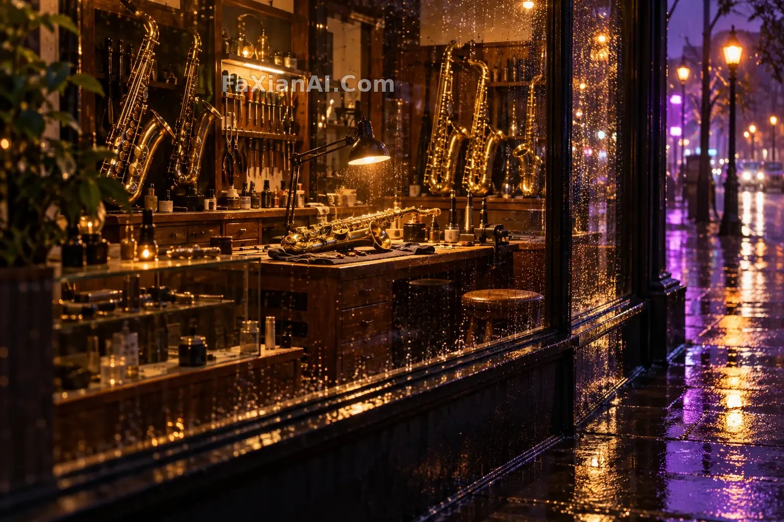 雨夜萨克斯修理铺的窗口 · GPT Image 2.5 成图