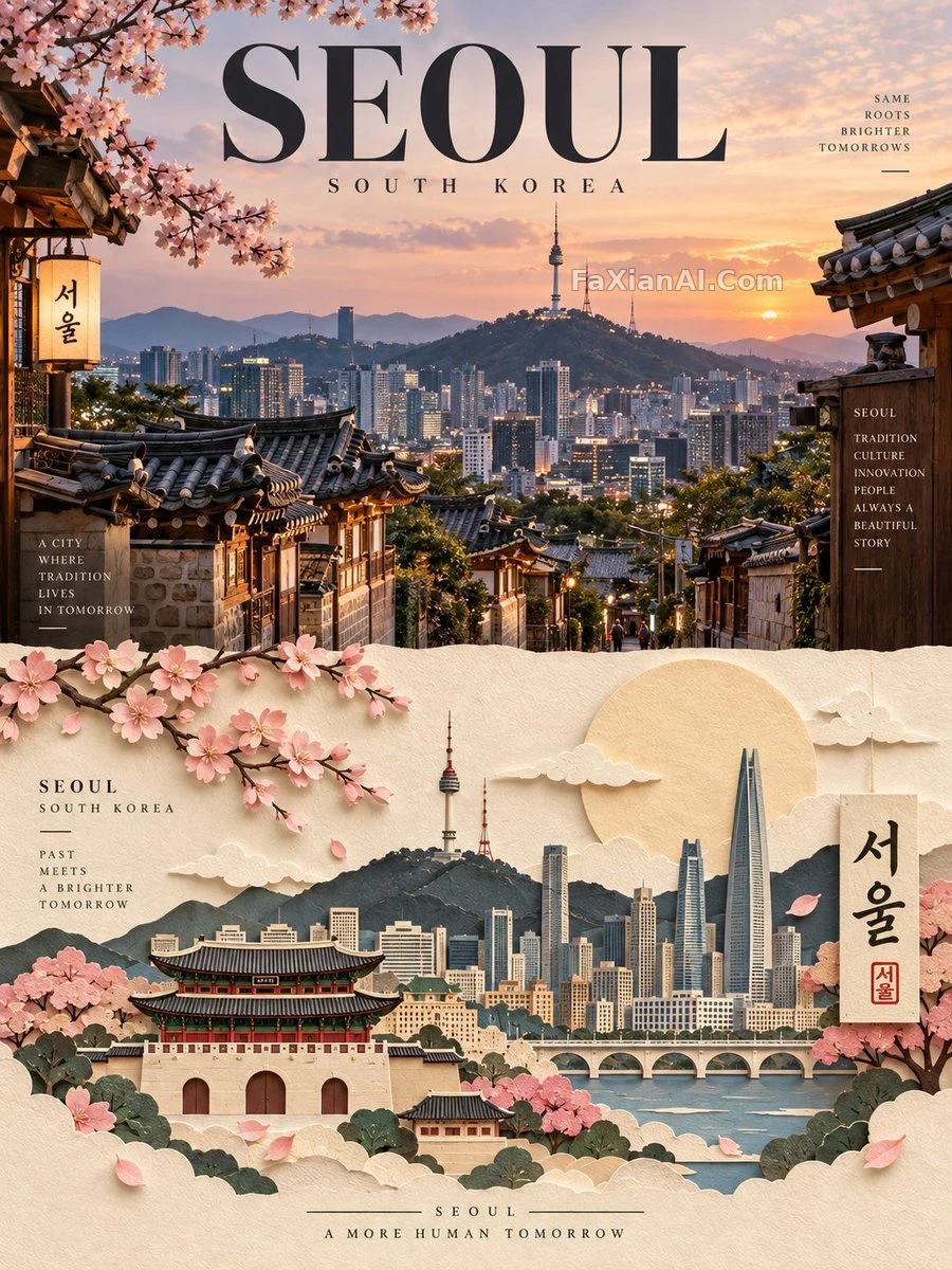 半张实景半张纸雕的城市海报