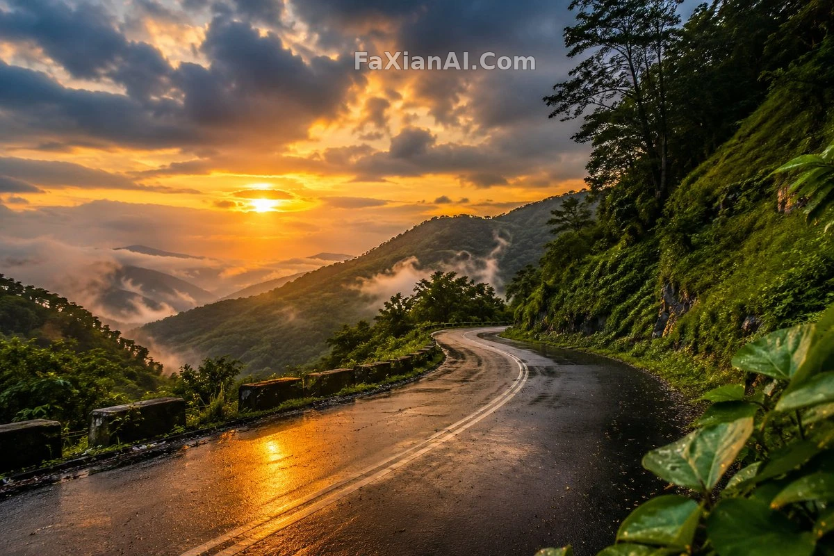 雨后山路上积着一整条落日 · GPT Image 2 成图