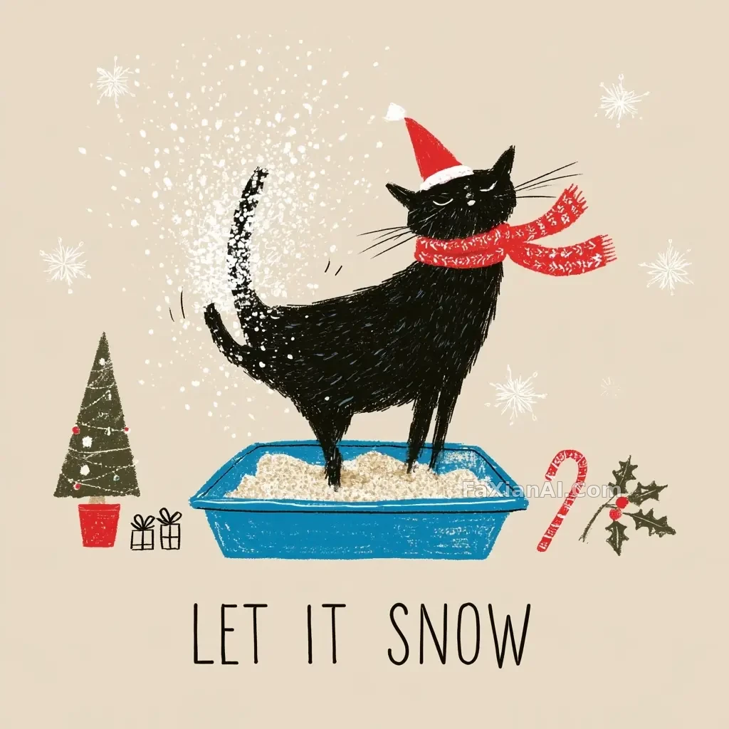 黑猫扬沙当雪的圣诞卡