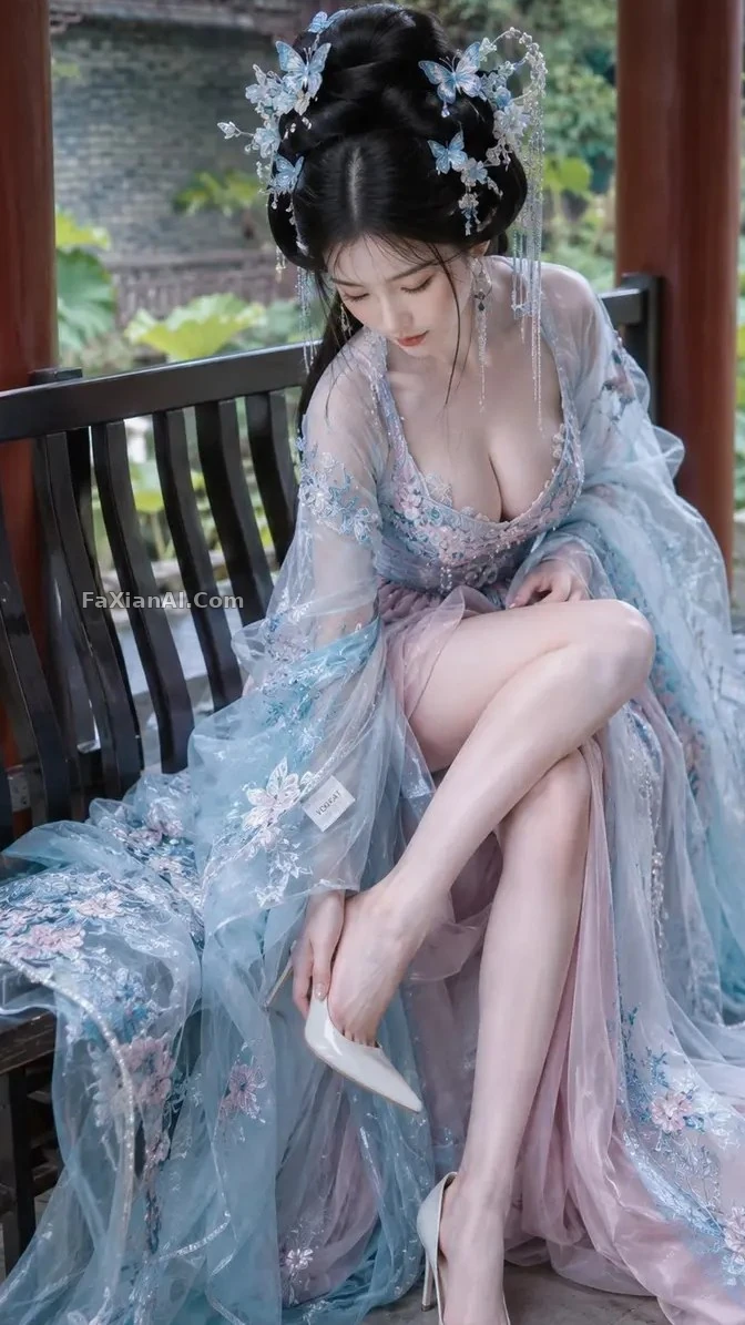 고전 높은 쪽머리, 귀밑머리에 앉은 파란 나비