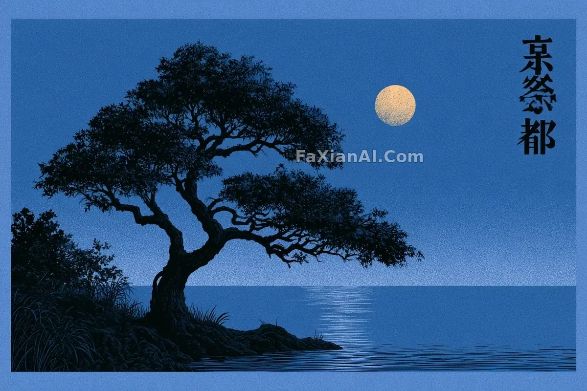 蓝黑两色的京都月夜老海报