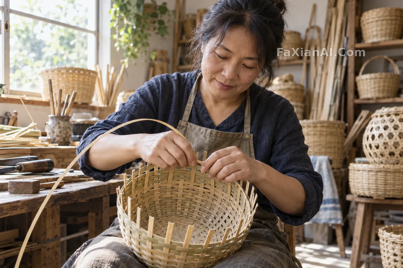编篮人的双手，把竹条送进下一道纹路