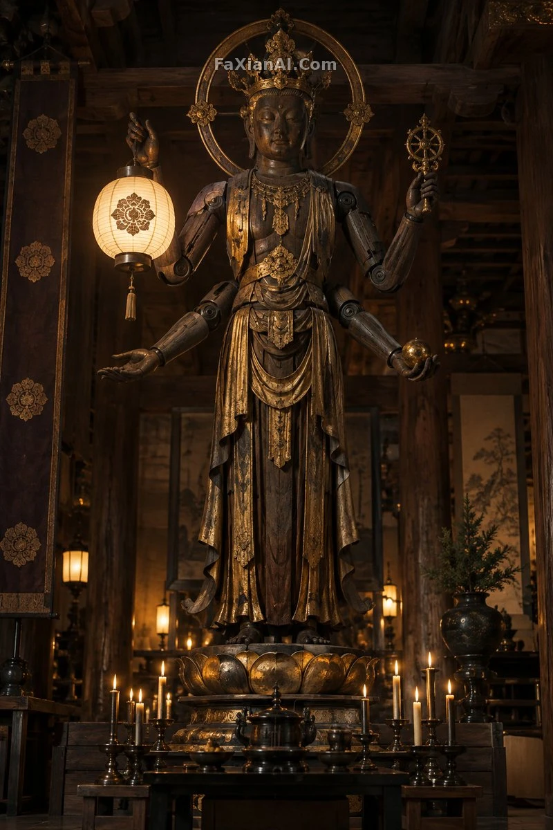 神社里站着一台会发光的木头神 · GPT Image 2.5 成图