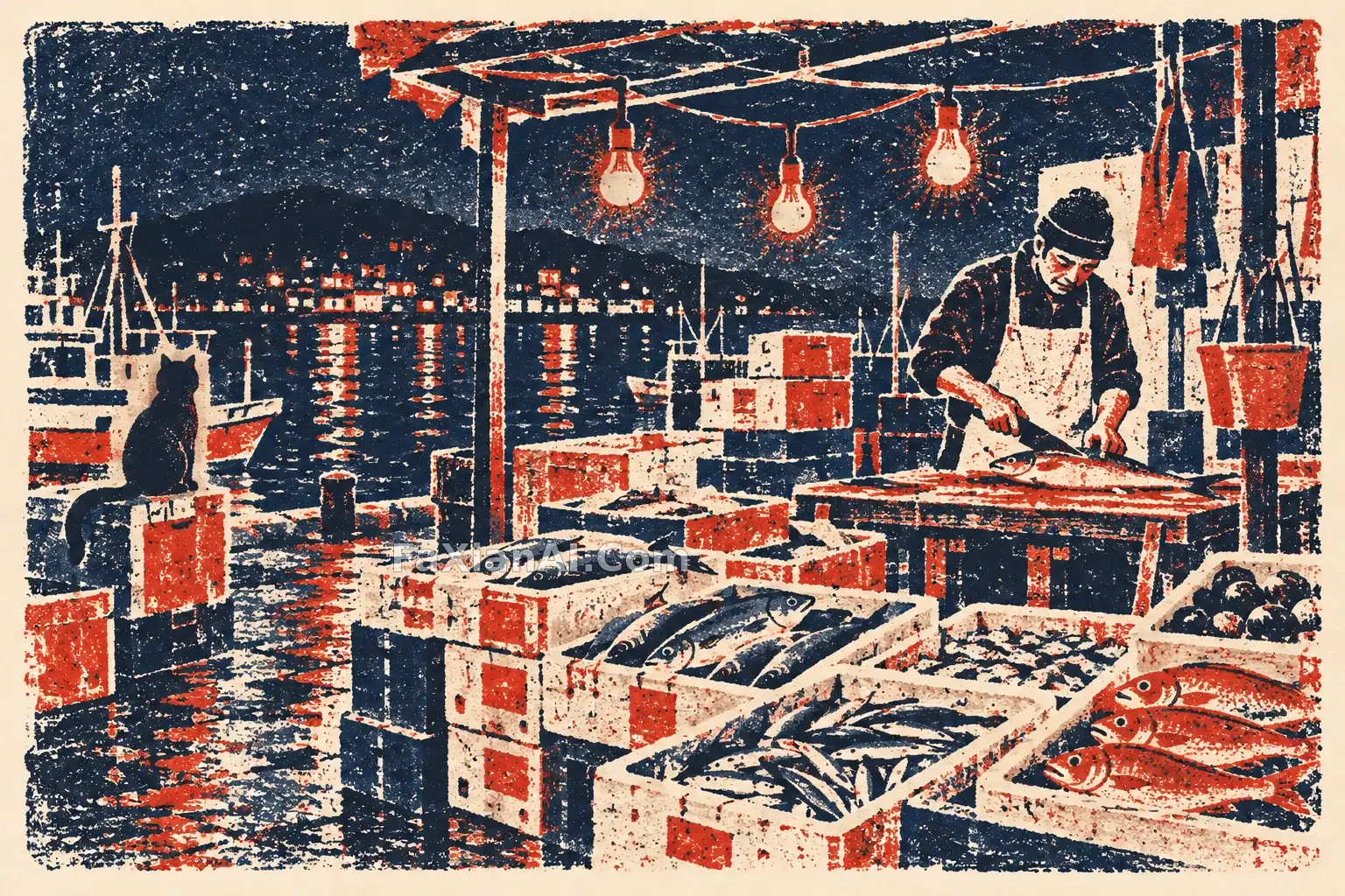 橡皮章颗粒的夜间鱼市