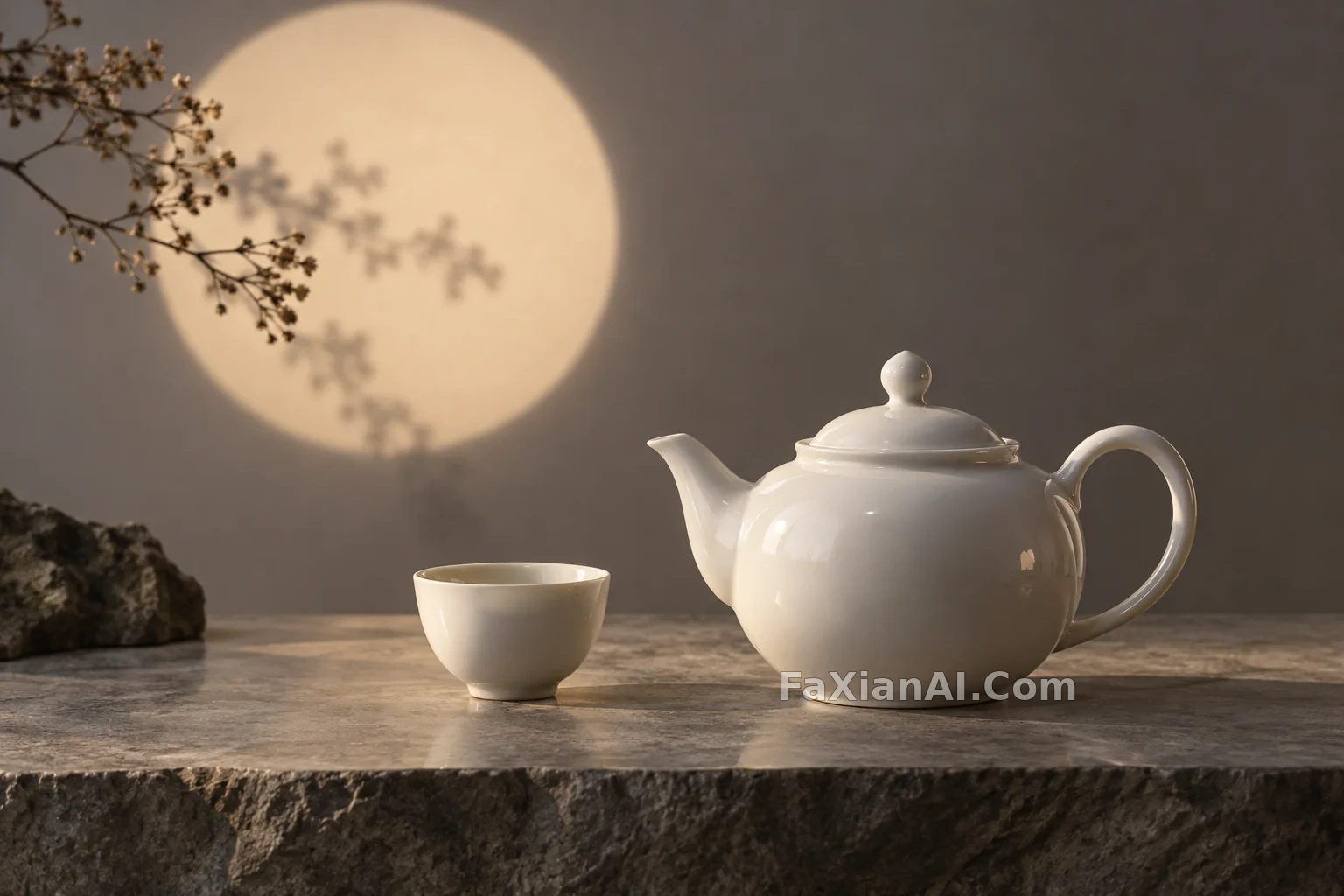 白瓷茶壶与圆月形光斑