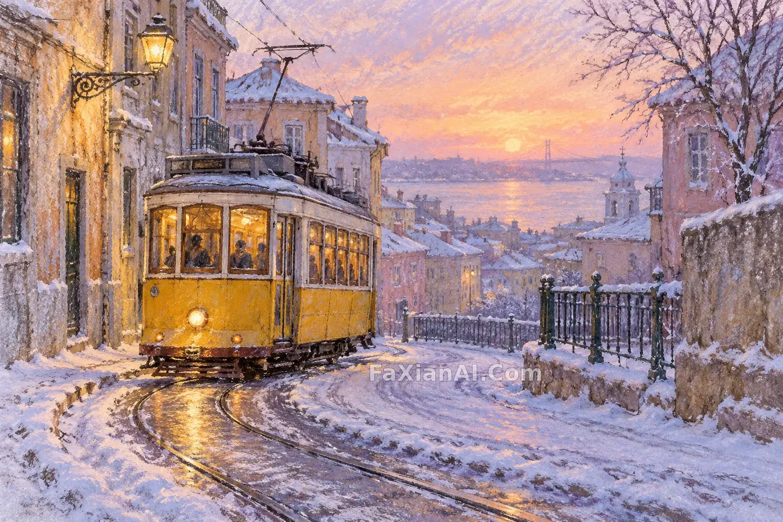 黄电车驶过粉紫色雪街 · GPT Image 2.5 成图