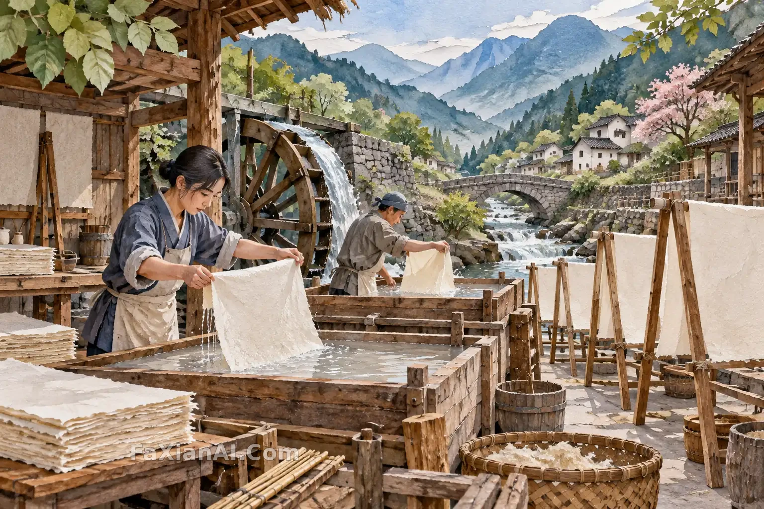 山谷造纸坊水彩纪事 · GPT Image 2.5 成图