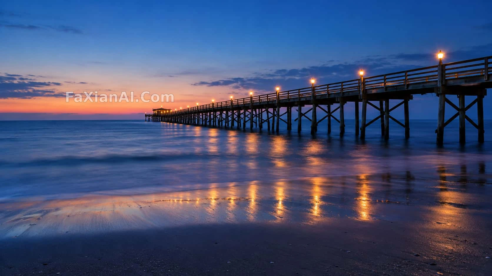 Blue Hour Pier and a String of Amber Lamps