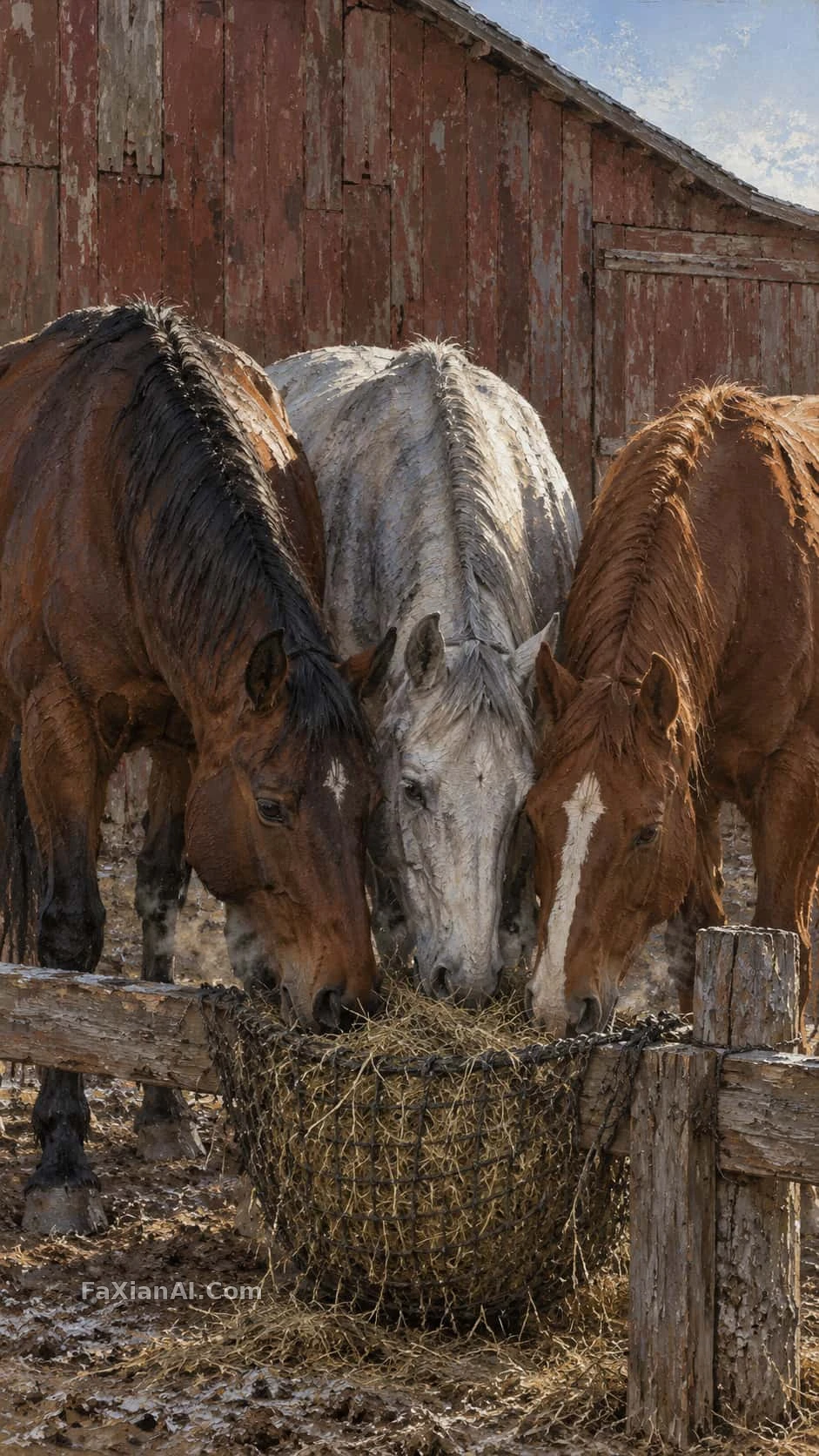 朝霧の柵に並ぶ三頭の馬、コールドワックスの油彩